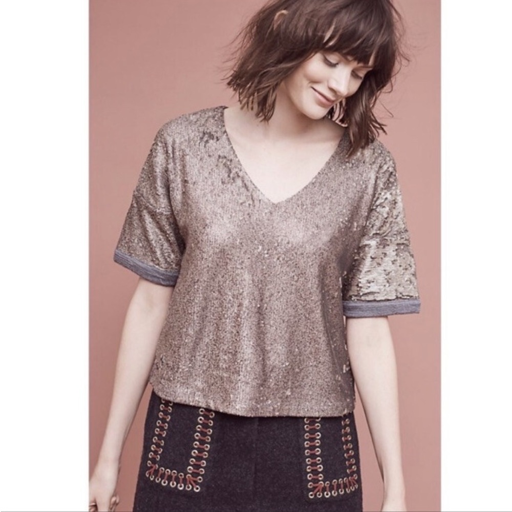 Deletta Grey Brown Sequin Short Sleeve Top